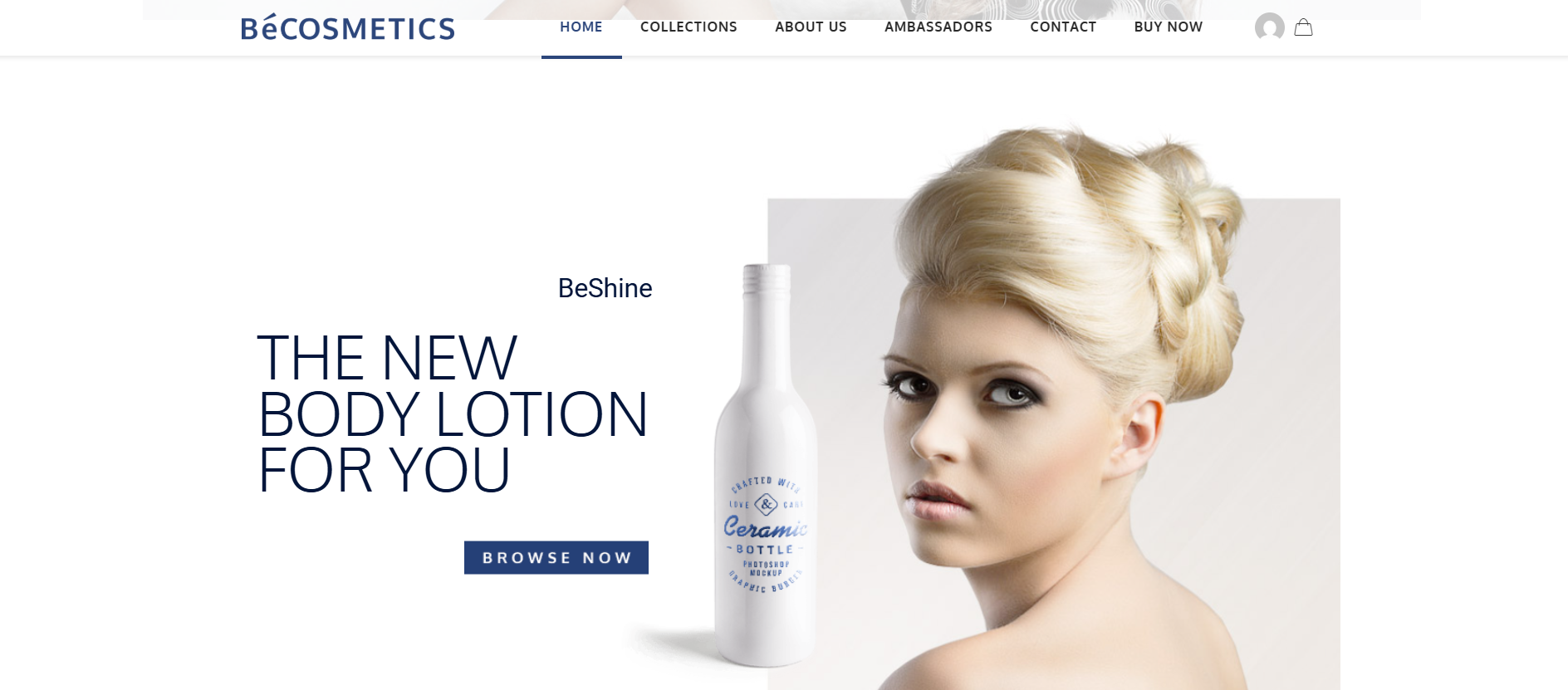 BeCosmetics BeShine body lotion bottle with model, premium skincare product for smooth and glowing skin.BeCosmetics BeShine身体乳液瓶与模型，优质护肤产品，光滑和发光的皮肤